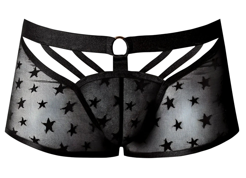 Male power 122-291 love star short black sheer star-patterned men’s underwear with solid waistband and crisscross cutouts
