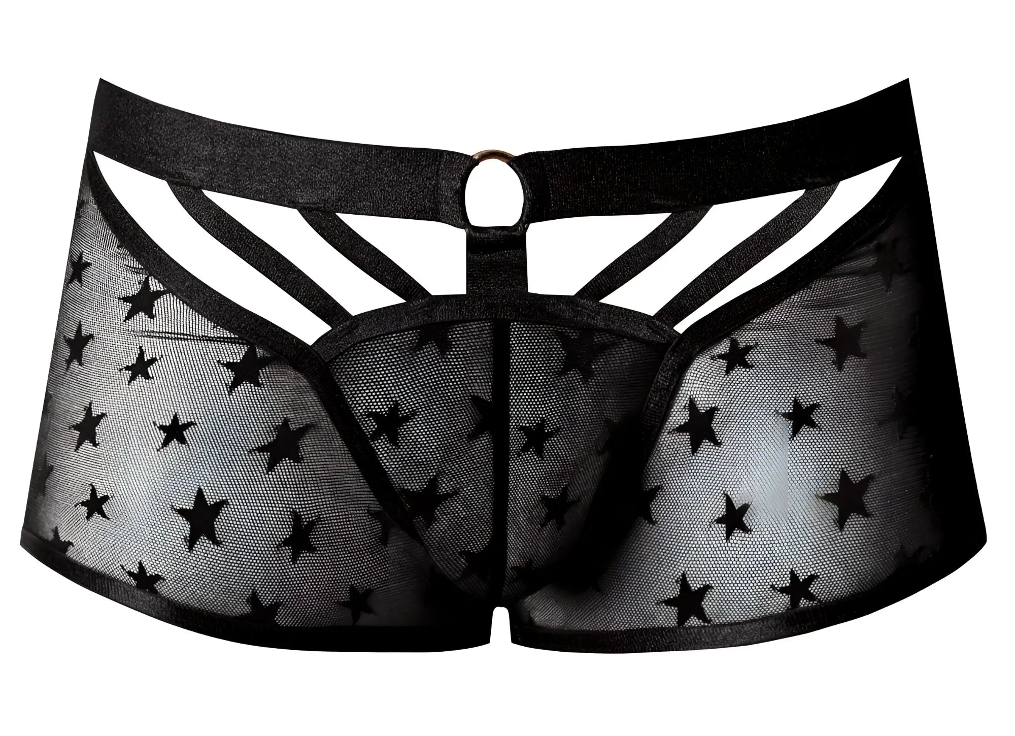 Male power 122-291 love star short black sheer star-patterned men’s underwear with solid waistband and crisscross cutouts
