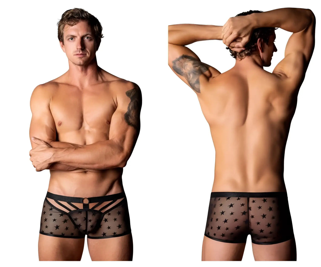 Black sheer star-patterned men’s briefs with black elastic waistband front panel design male power 122-291 love star short