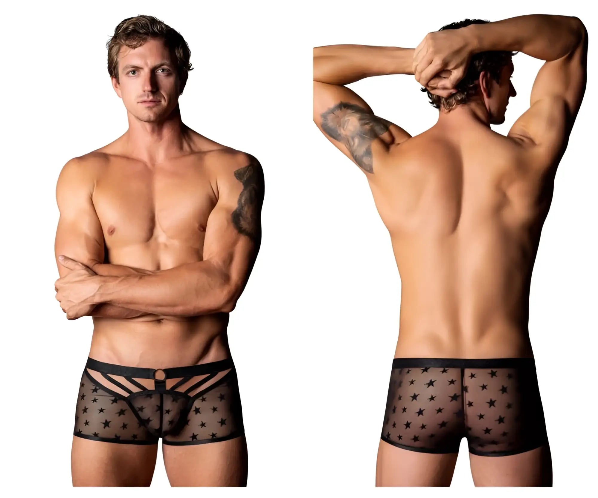 Black sheer star-patterned men’s briefs with black elastic waistband front panel design male power 122-291 love star short