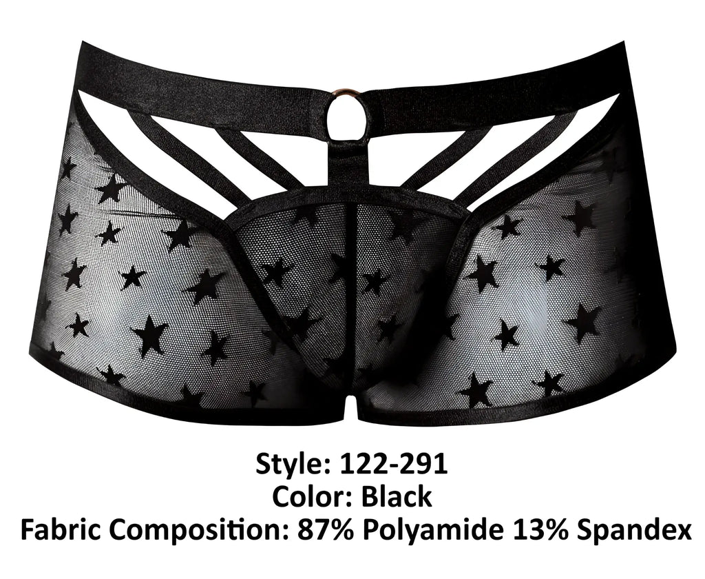 Male power 122-291 love star short black sheer men’s underwear with star pattern supportive waistband and reinforced panels