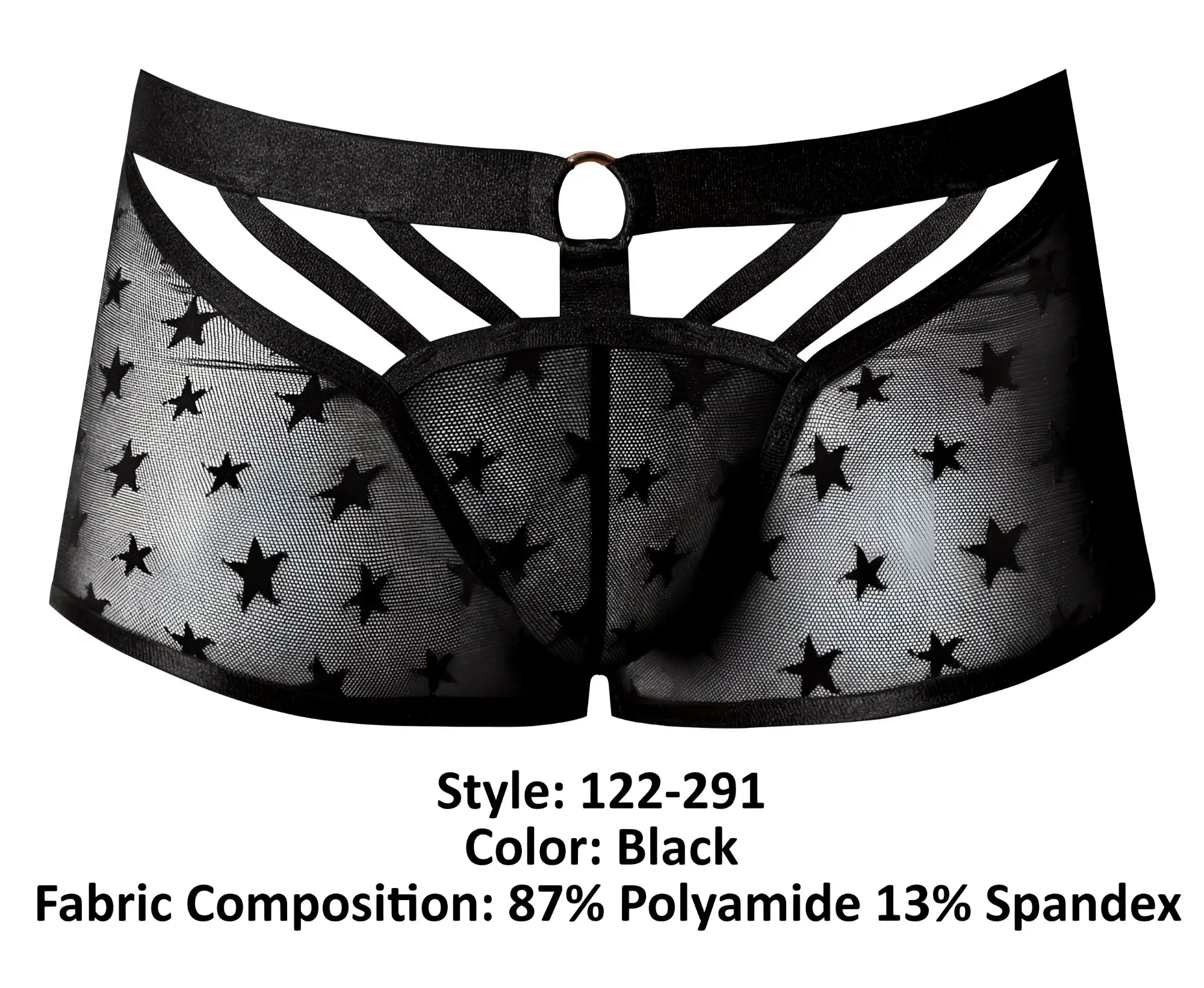 Male power 122-291 love star short black sheer men’s underwear with star pattern supportive waistband and reinforced panels