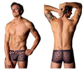 Male power 122-291 love star short dark purple sheer boxer briefs with star pattern and front cut-out strap panel