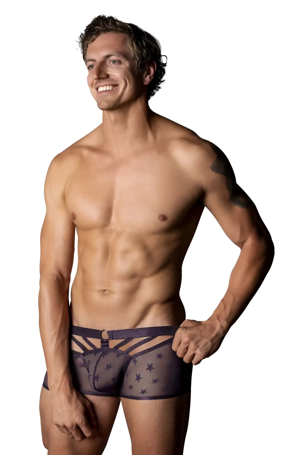 Male power 122-291 love star short dark purple sheer boxer briefs with star pattern and reinforced waistband