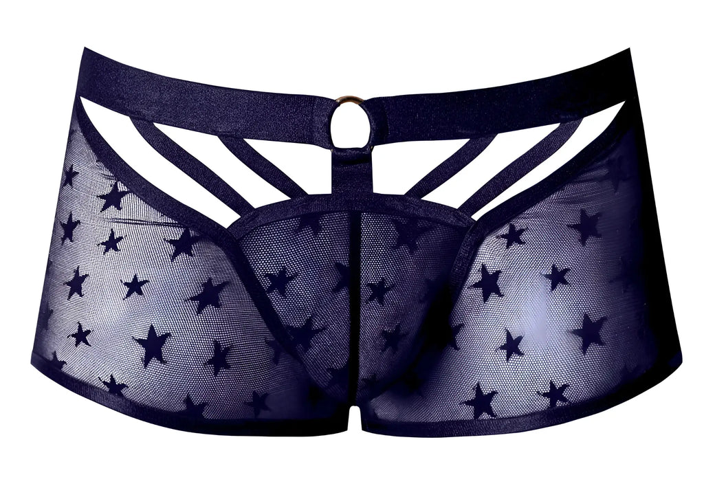 Male Power 122-291 Love Star short navy blue sheer star-patterned men’s underwear with solid waistband and cutout design