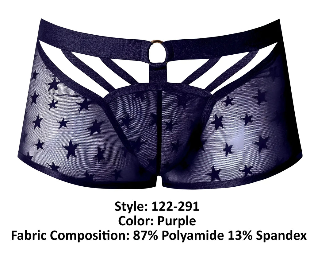 Male power 122-291 love star short sheer purple mesh underwear with black elastic waistband and star pattern