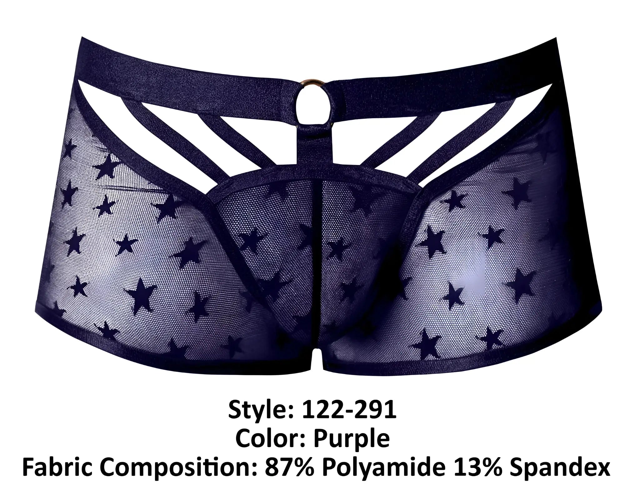 Male power 122-291 love star short sheer purple mesh underwear with black elastic waistband and star pattern