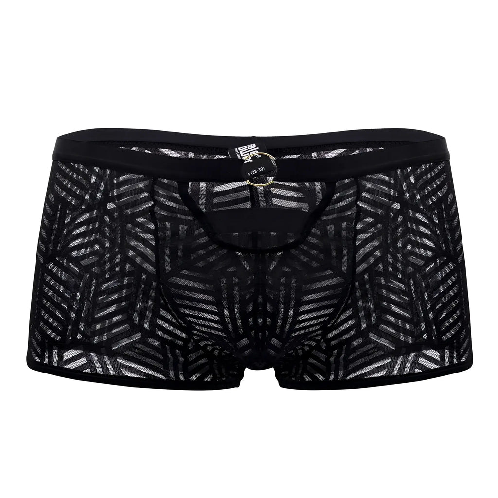 Black lace briefs with geometric pattern and black elastic waistband from male power rude awakening collection