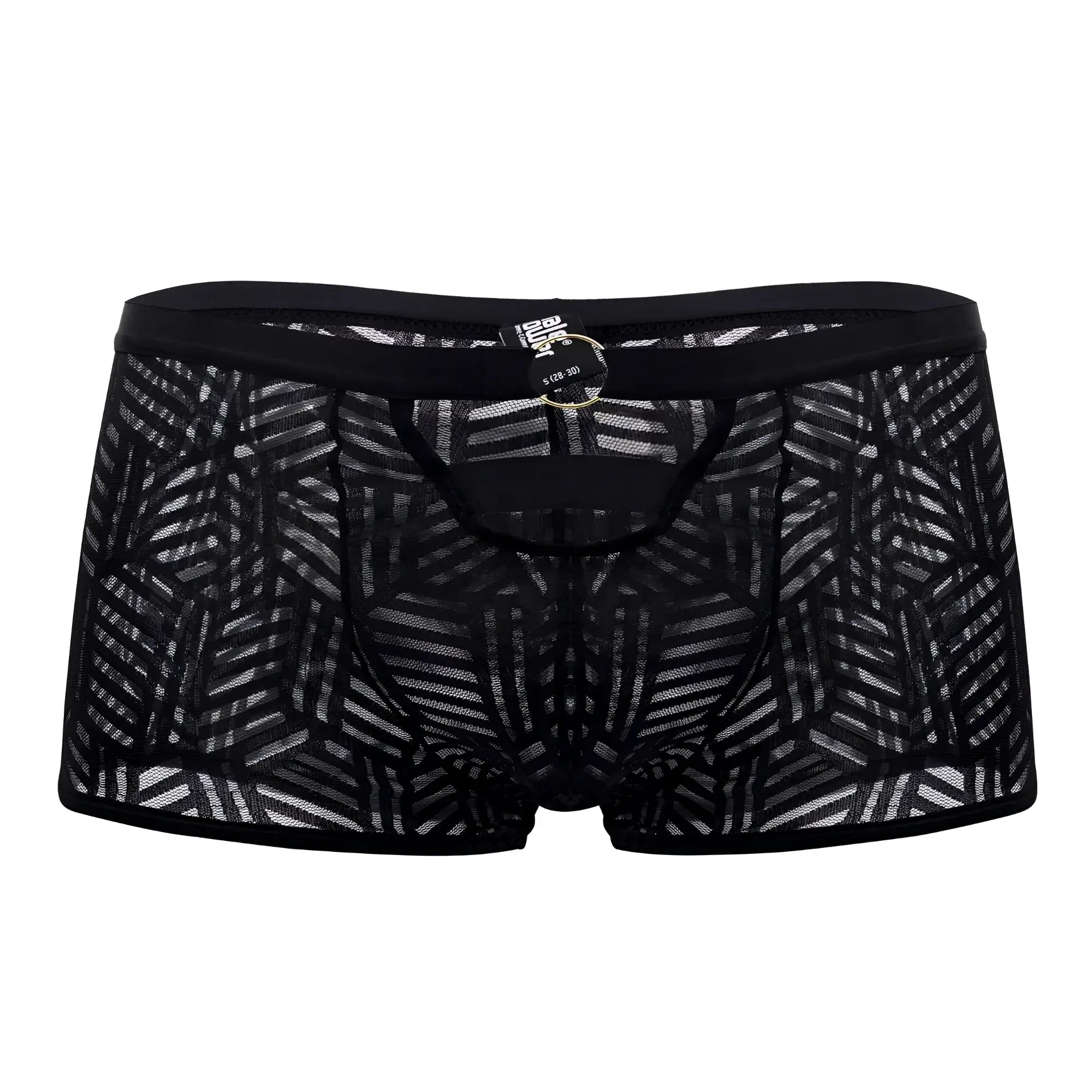 Black lace briefs with geometric pattern and black elastic waistband from male power rude awakening collection
