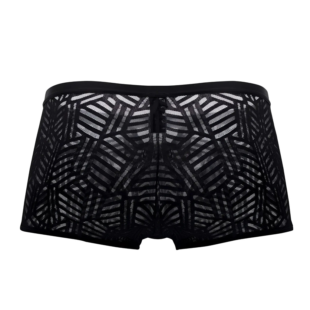 Male power 125-284 rude awakening black lace boxer briefs with geometric pattern and central zipper front detail