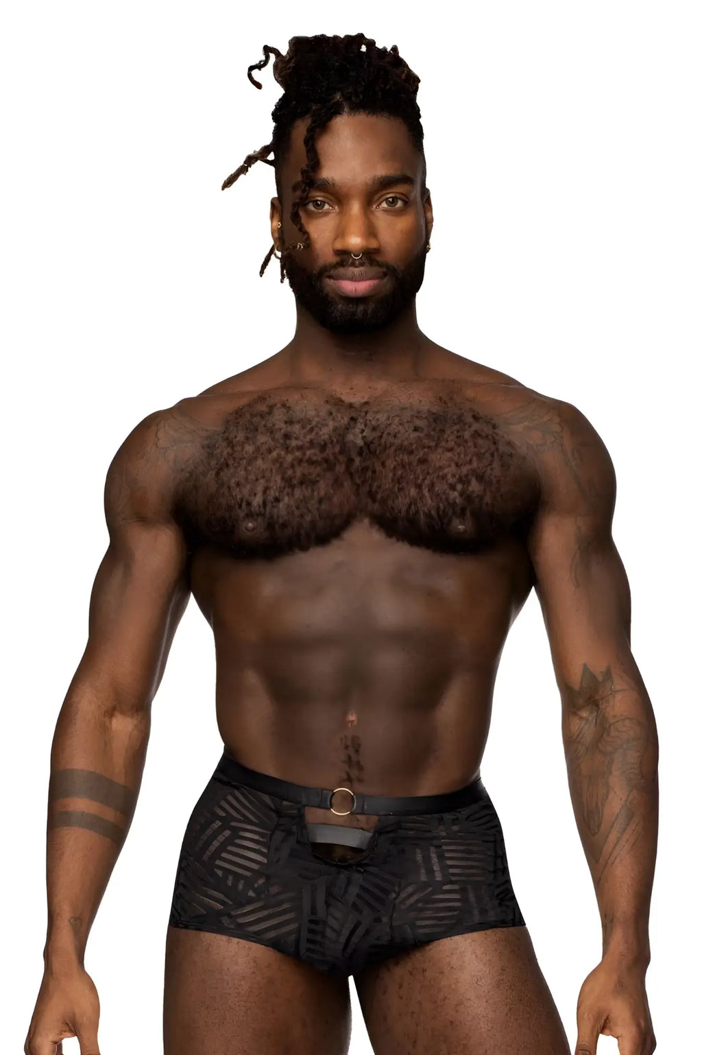 Male power 125-284 rude awakening cheeky cutout short black briefs with geometric pattern and central metallic buckle