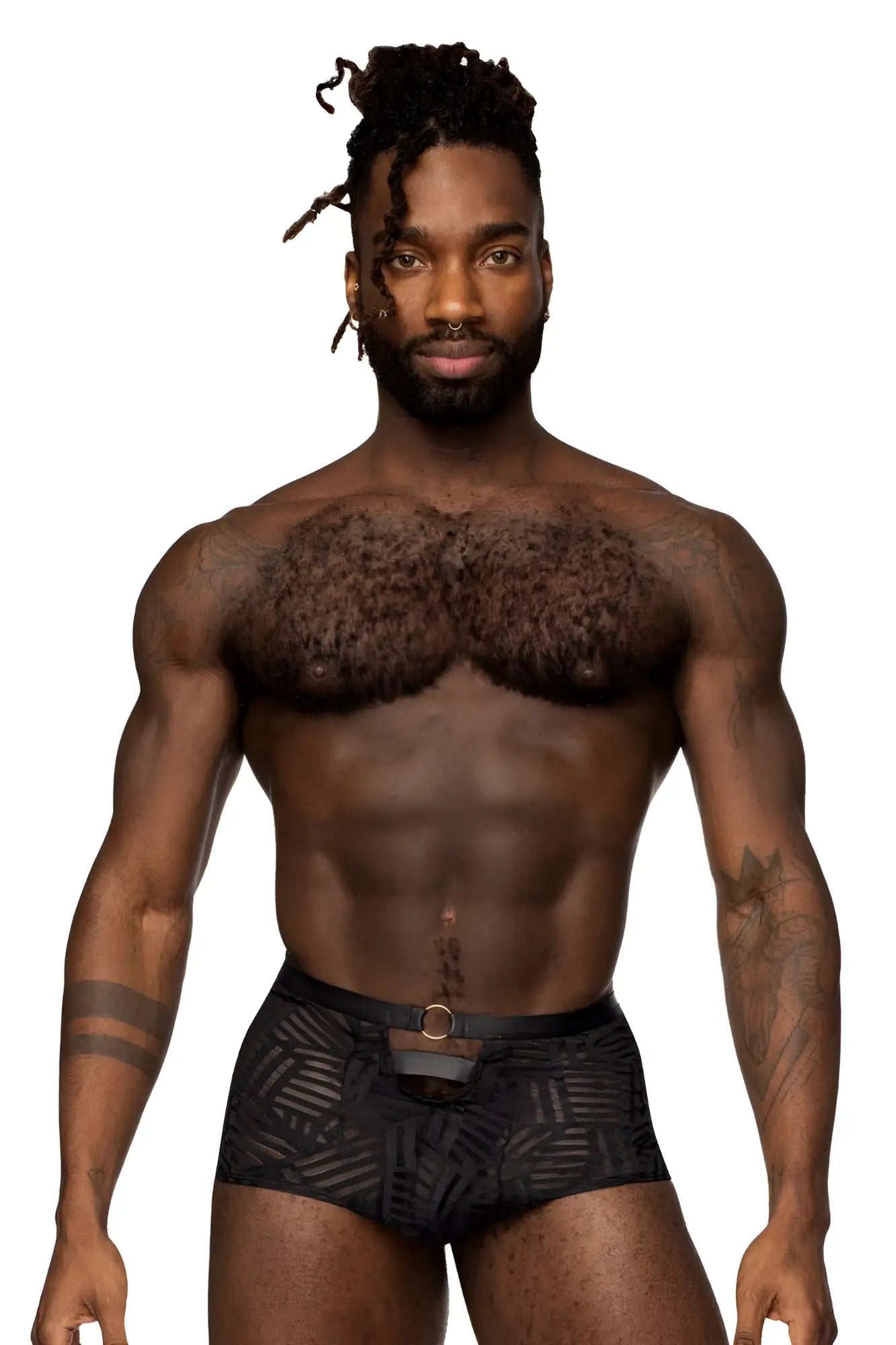 Male power 125-284 rude awakening cheeky cutout short black briefs with geometric pattern and central metallic buckle