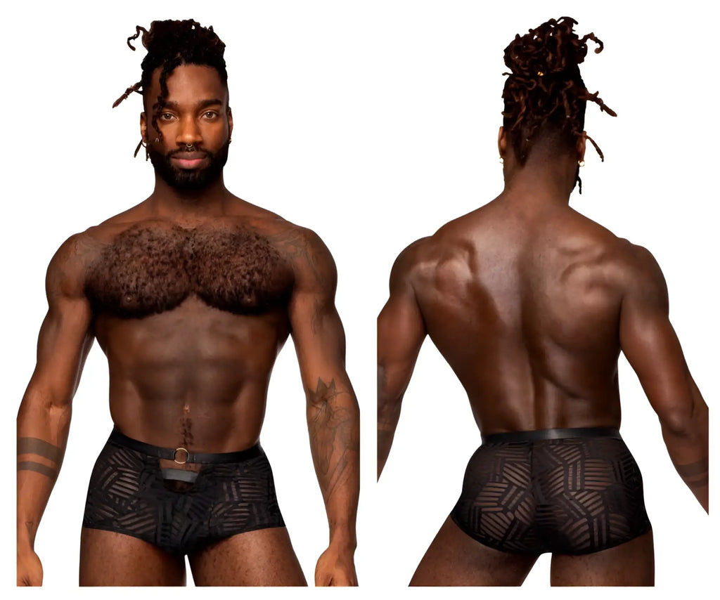 Black patterned male power 125-284 rude awakening cheeky cutout briefs with geometric design and black belt loop at waist