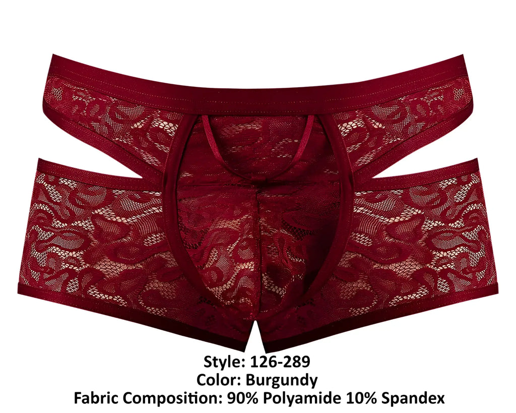 Burgundy lace men’s underwear with cut out design and elastic waistband from Male Power Lucifer short collection