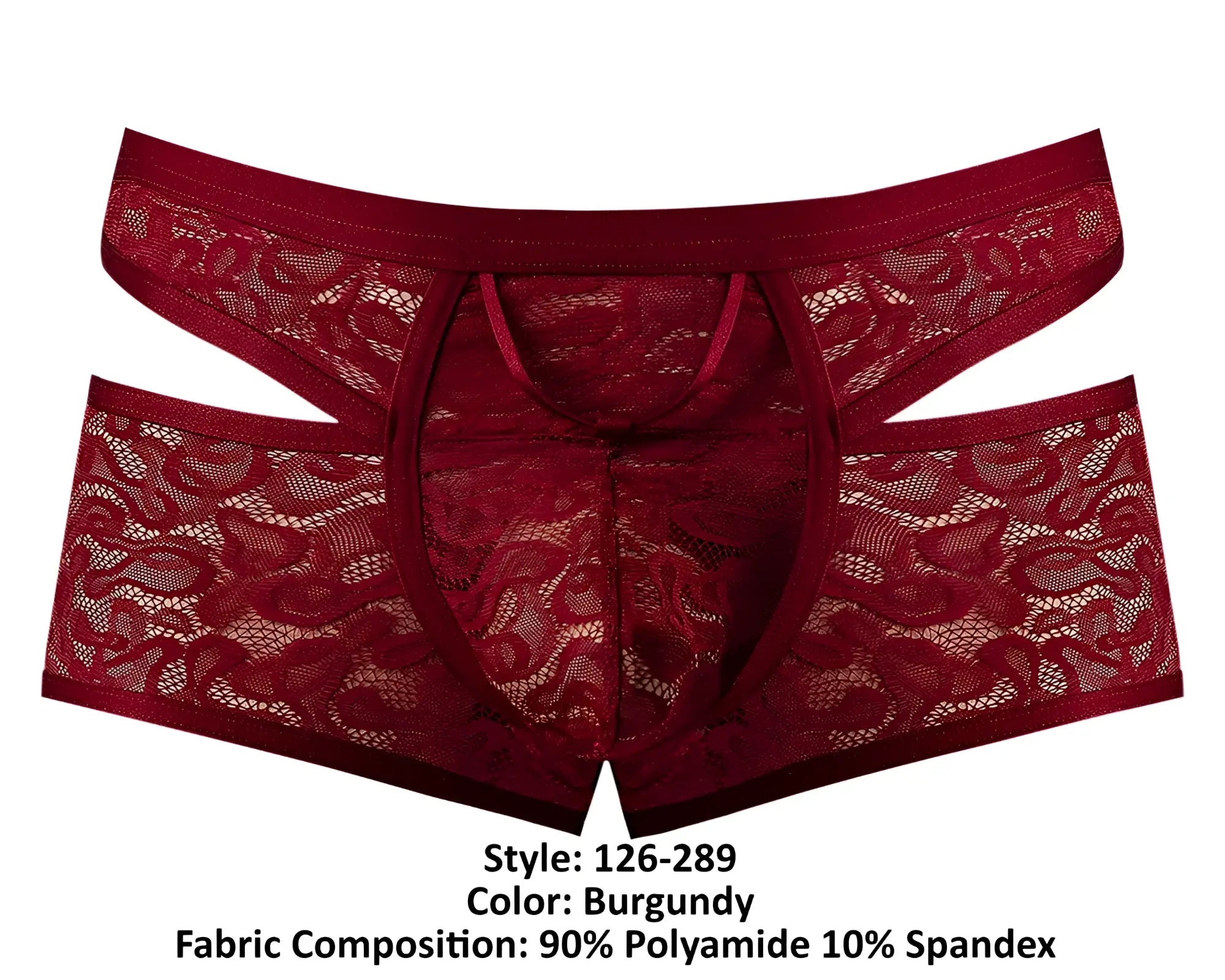 Burgundy lace men’s underwear with cut out design and elastic waistband from Male Power Lucifer short collection