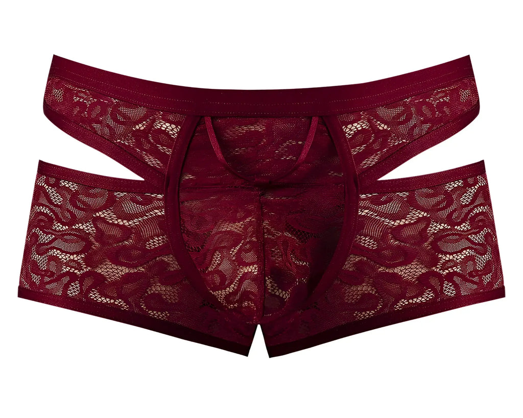 Male power 126-289 lucifer cut out short burgundy lace men’s underwear with floral patterns and cut-out design