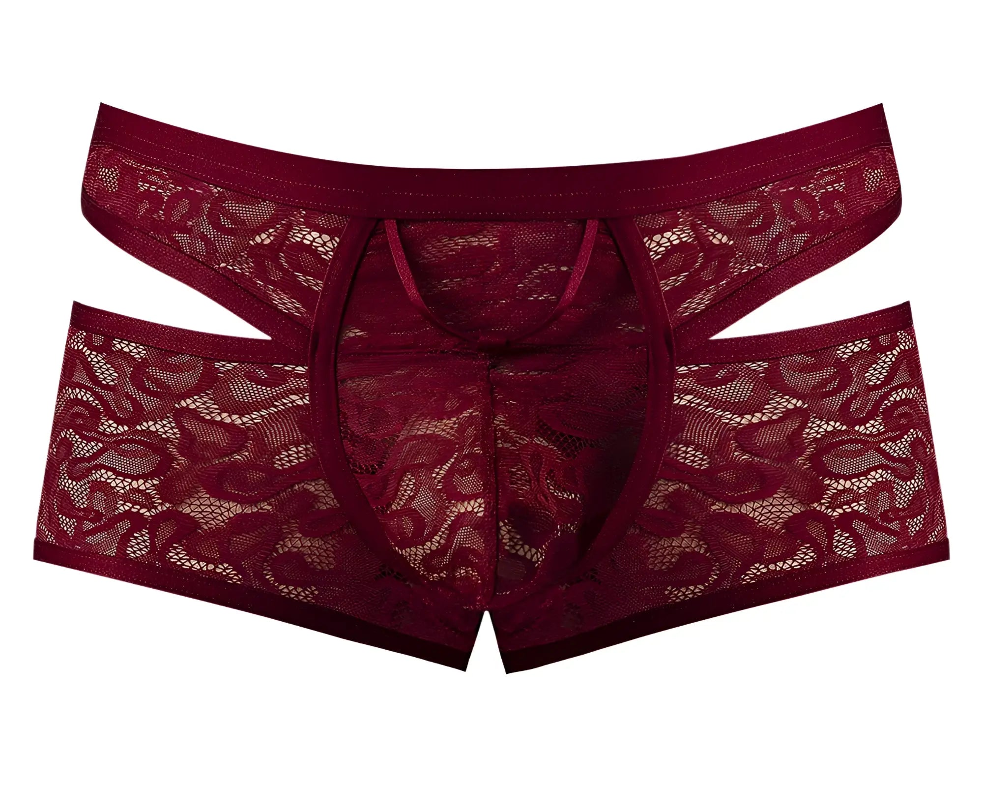 Male power 126-289 lucifer cut out short burgundy lace men’s underwear with floral patterns and cut-out design