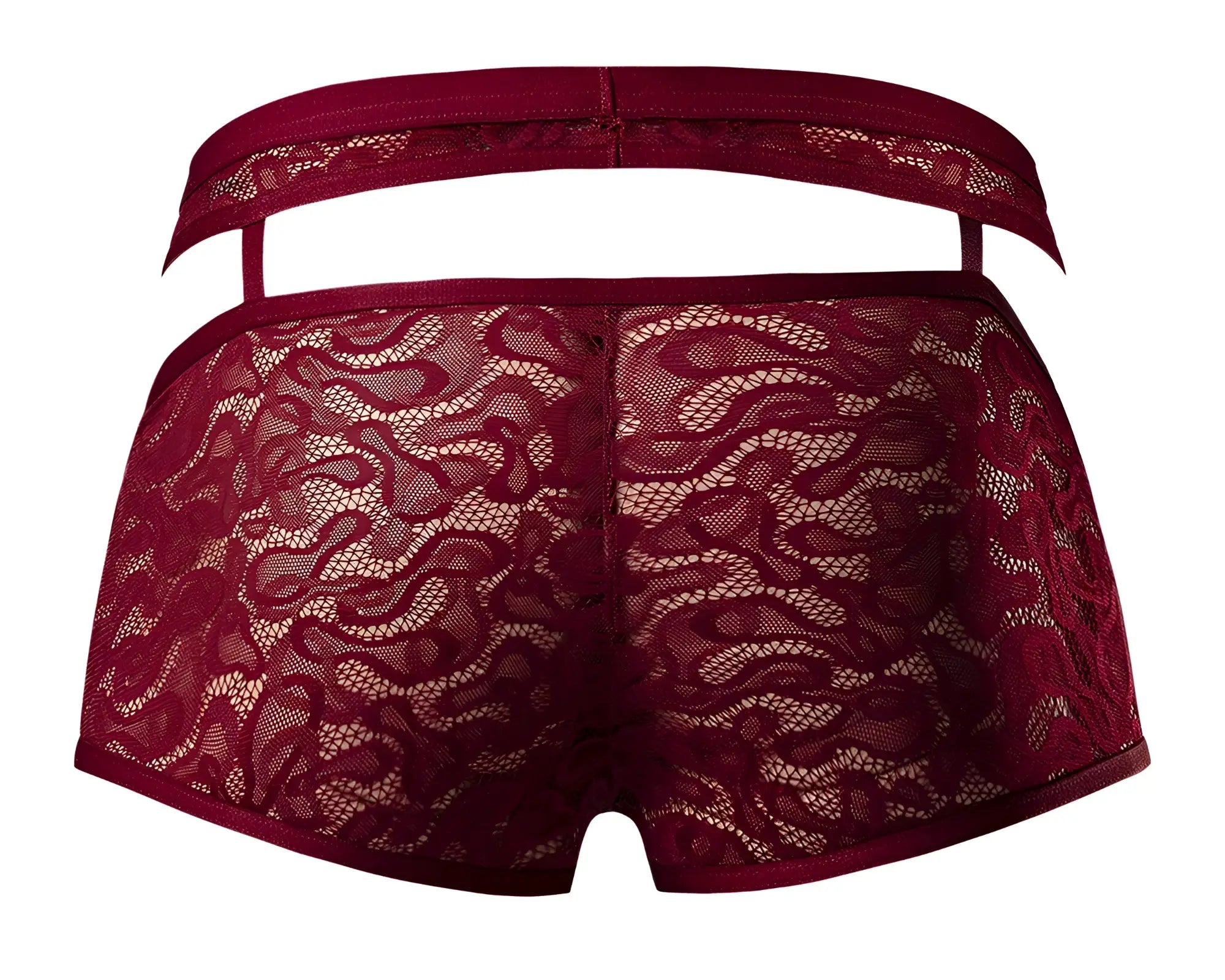 Back view of male power 126-289 lucifer cut out short in burgundy maroon lace with elastic waistband and cut out design