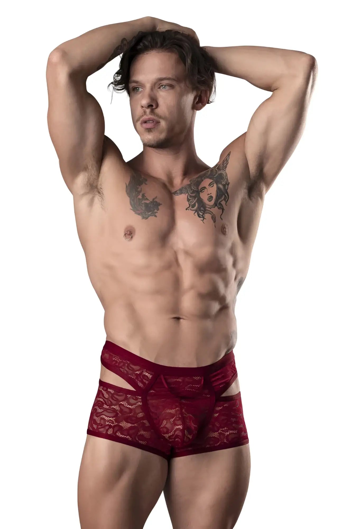 Male power 126-289 lucifer burgundy red lace briefs with cut out design for a bold and stylish look