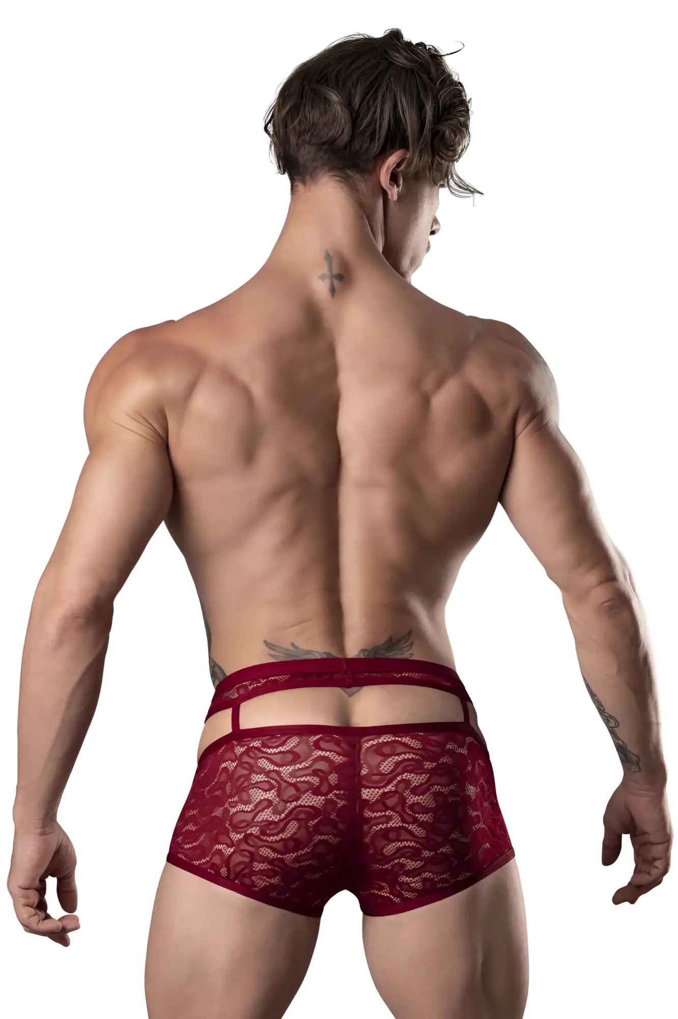 Back view of male power burgundy red lace briefs with cut out design suitable for intimate wear
