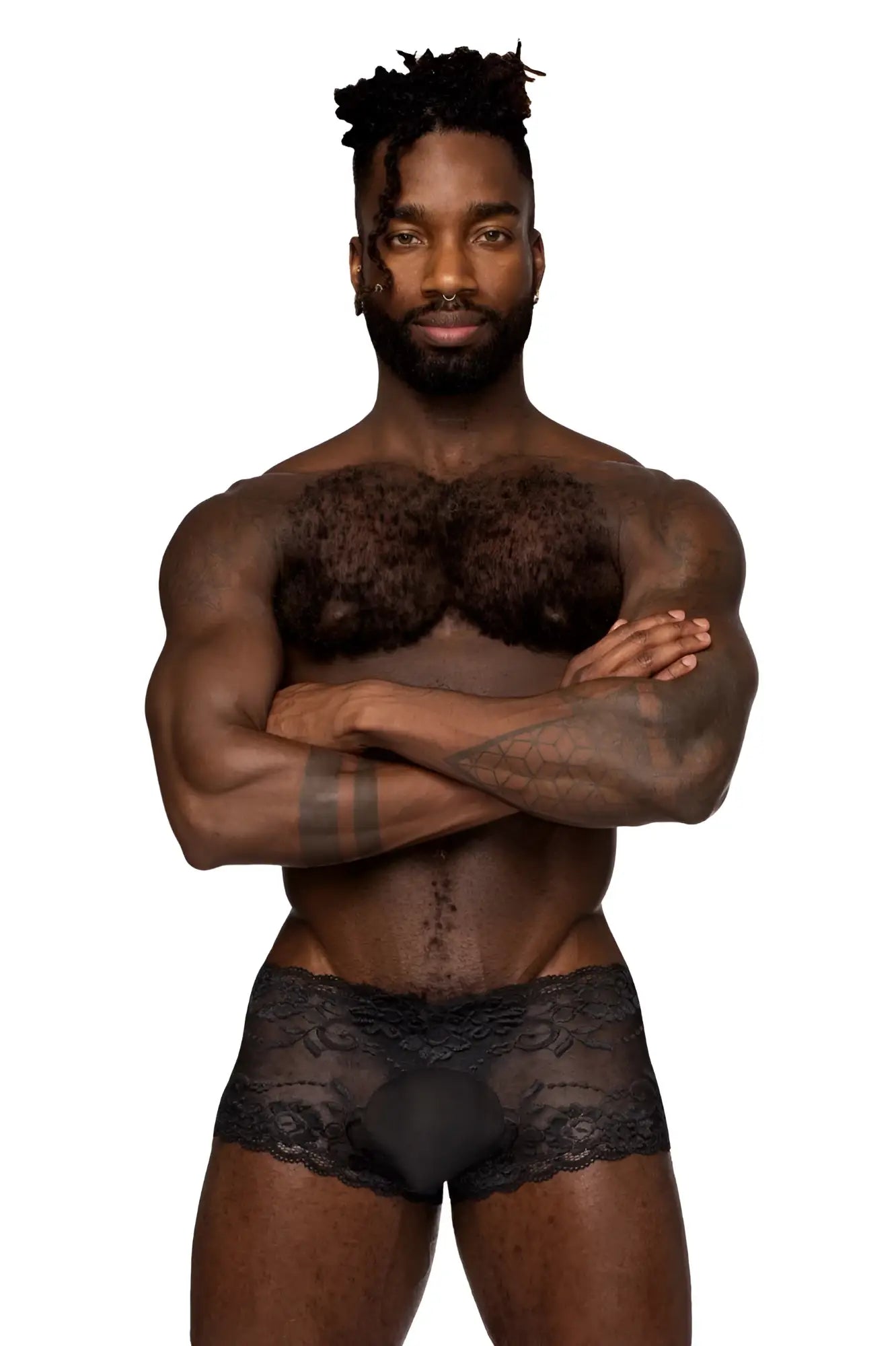 Male power 127-280 sassy lace mini short men’s underwear in black sheer lace with a patterned design and opaque pouch panel