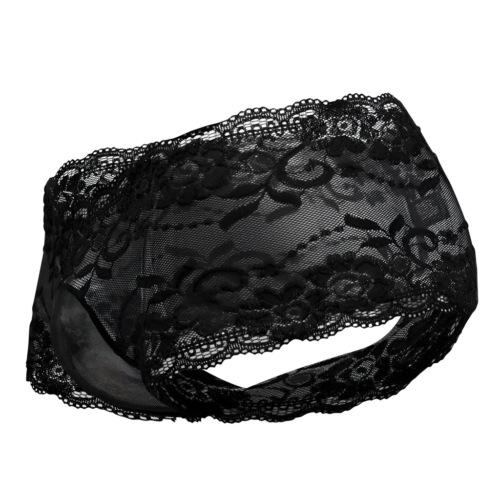 Male power 127-280 sassy lace mini short sheer pouch in black featuring intricate floral lace and sheer mesh base