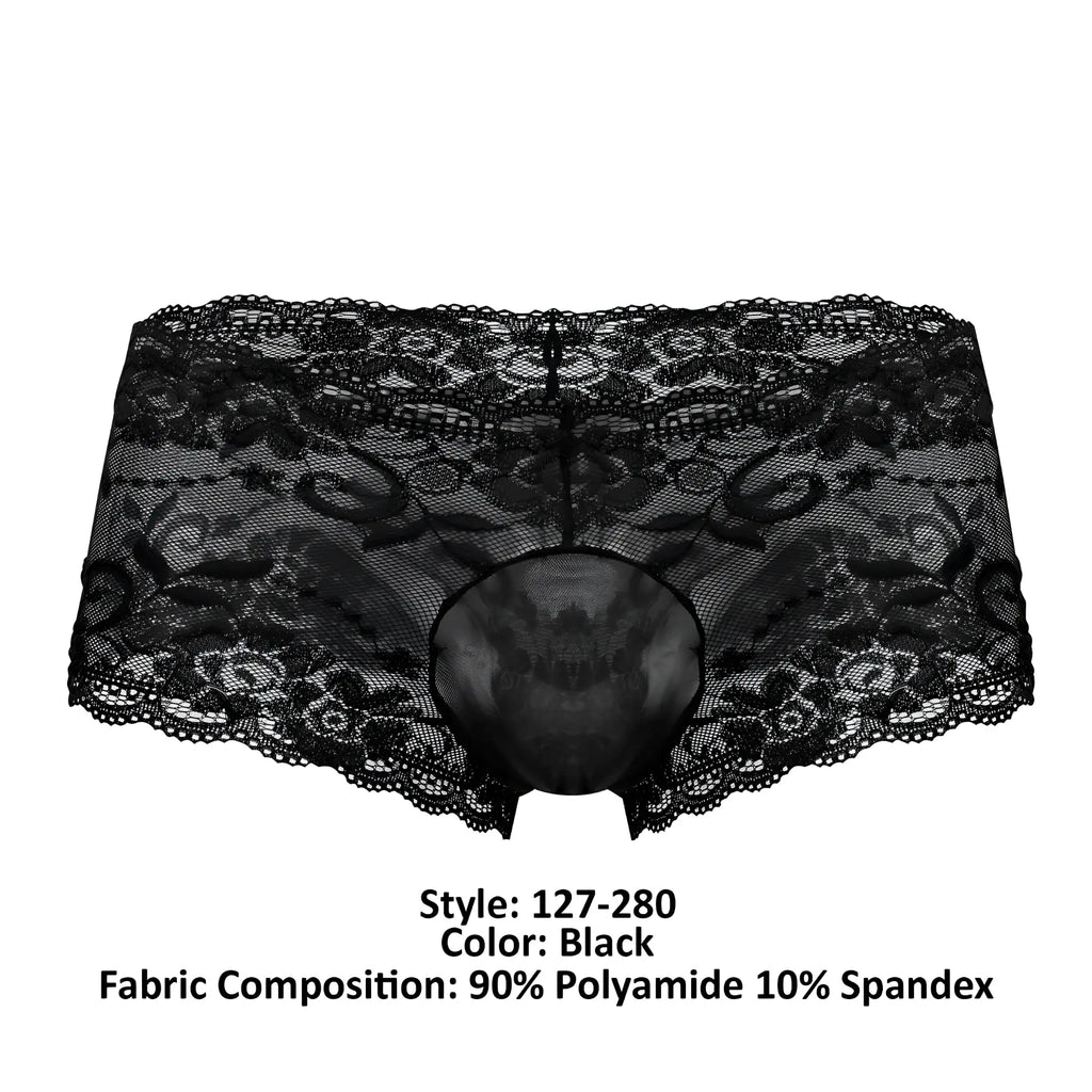 Male power 127-280 sassy lace mini short sheer pouch in black featuring intricate floral lace and mesh design