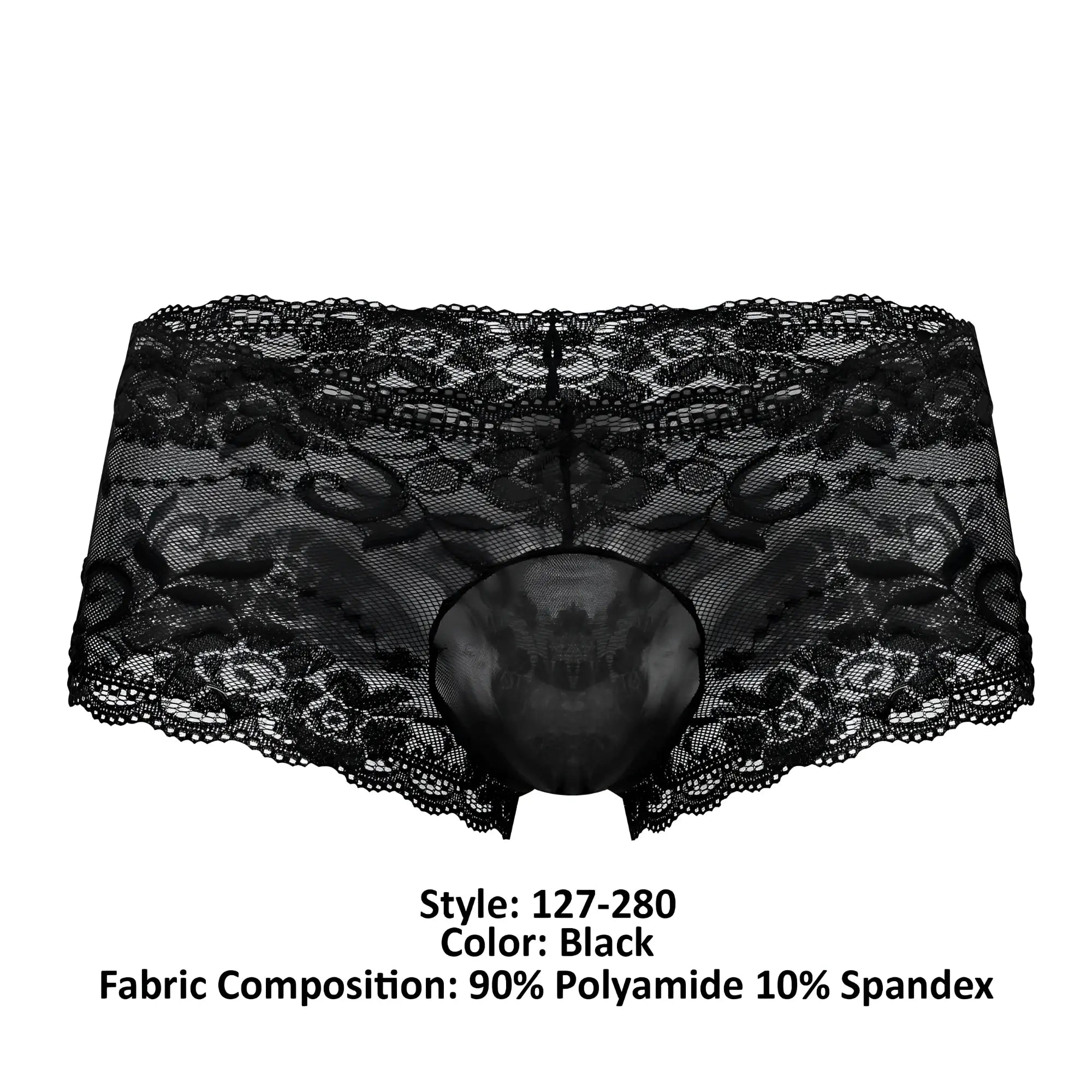 Male power 127-280 sassy lace mini short sheer pouch in black featuring intricate floral lace and mesh design