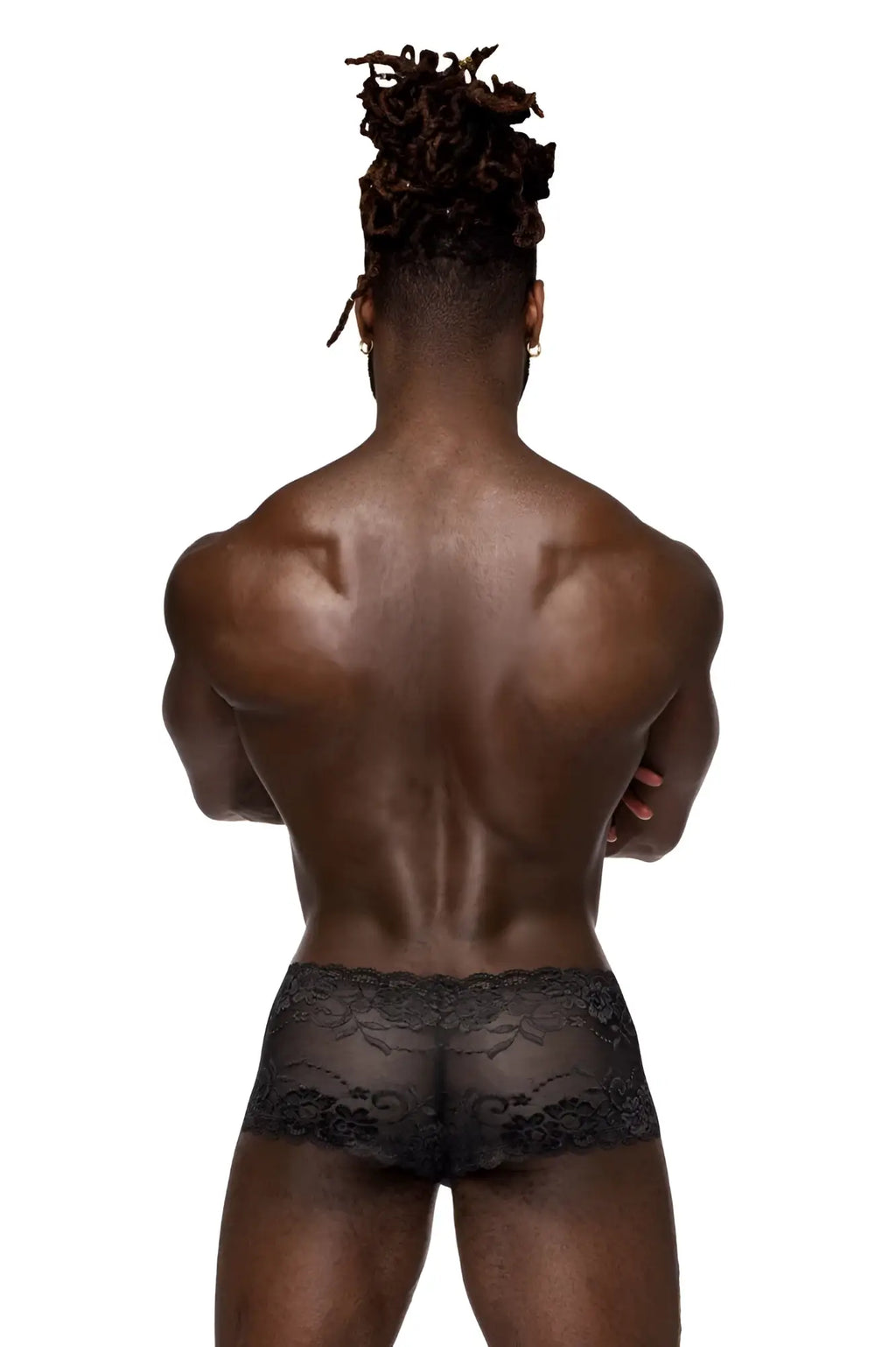 Male power 127-280 sassy lace mini short sheer pouch in black with intricate floral lace detailing
