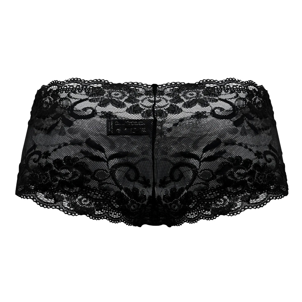 Black lace male power 127-280 sassy lace mini short sheer pouch with intricate floral and scrollwork patterns