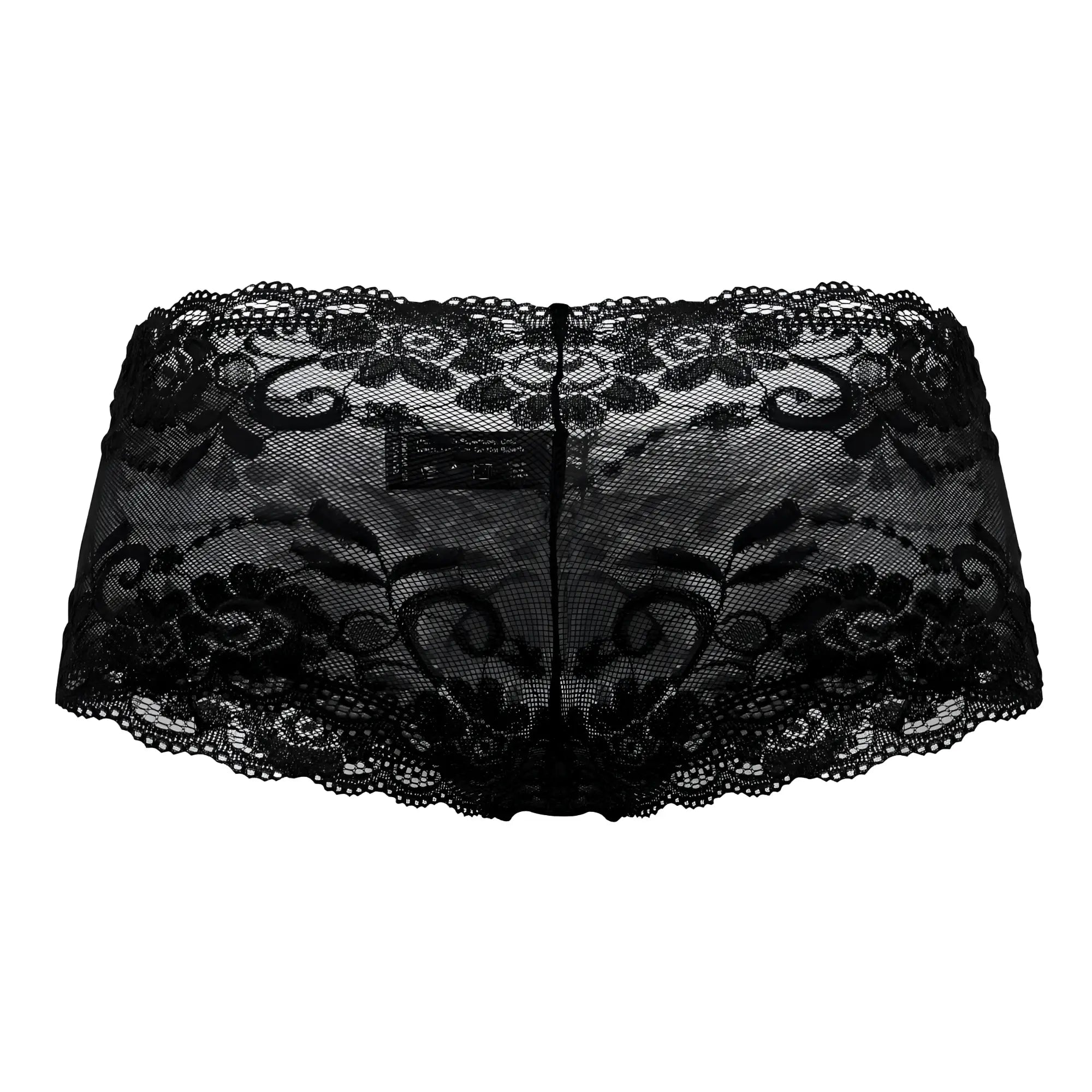 Black lace male power 127-280 sassy lace mini short sheer pouch with intricate floral and scrollwork patterns