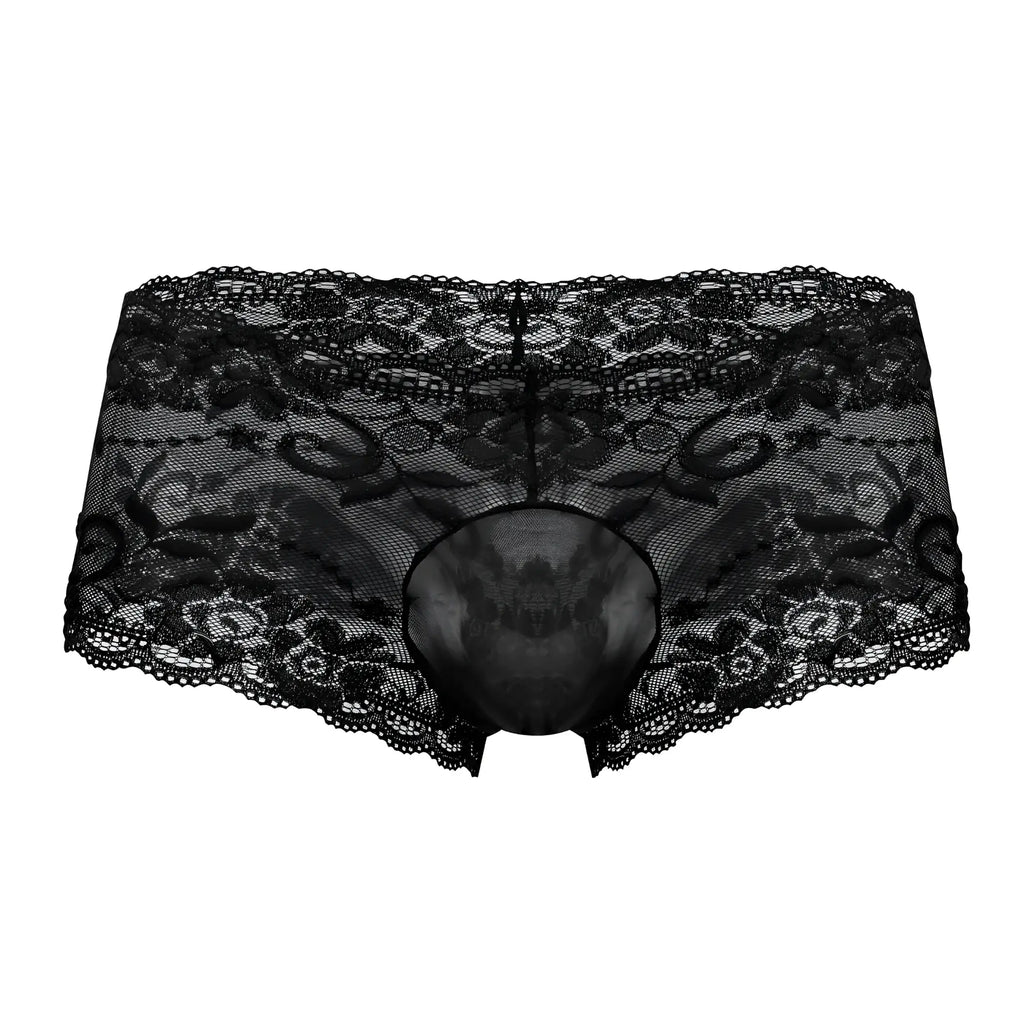 Male power 127-280 sassy lace mini short in black featuring sheer mesh fabric with intricate floral lace patterns