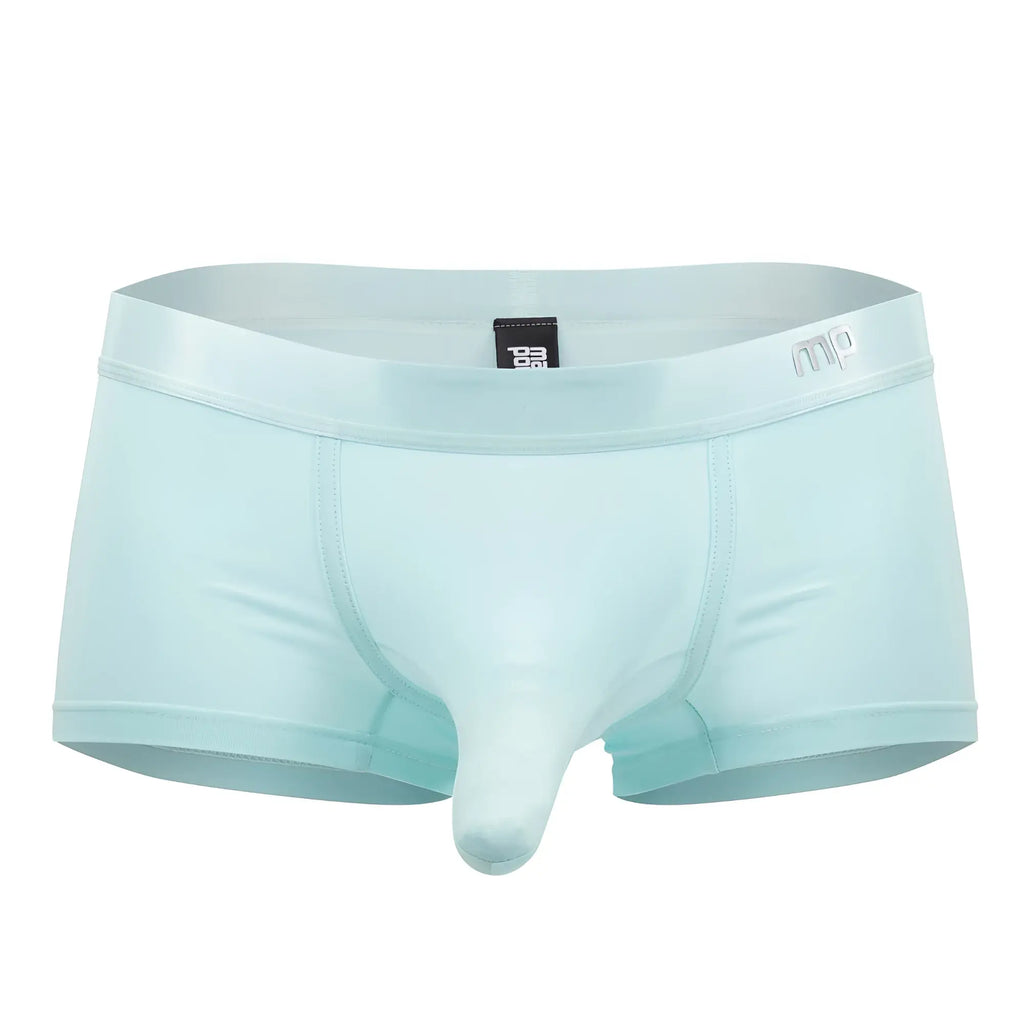 Light blue male power 129-281 easy breezy mini short briefs with smooth stretchy fabric and subtle mp logo on waistband