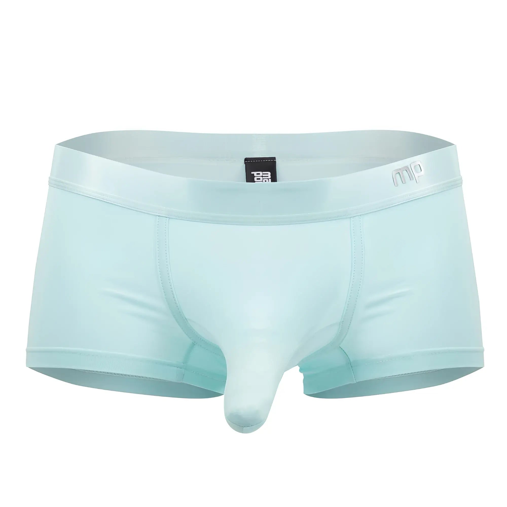 Light blue male power 129-281 easy breezy mini short briefs with smooth stretchy fabric and subtle mp logo on waistband