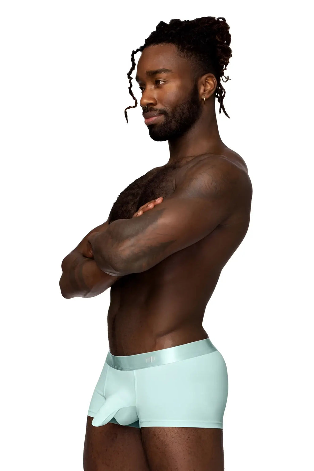 Light blue male power easy breezy mini short mens briefs with sleek satin waistband and modern design in aqua