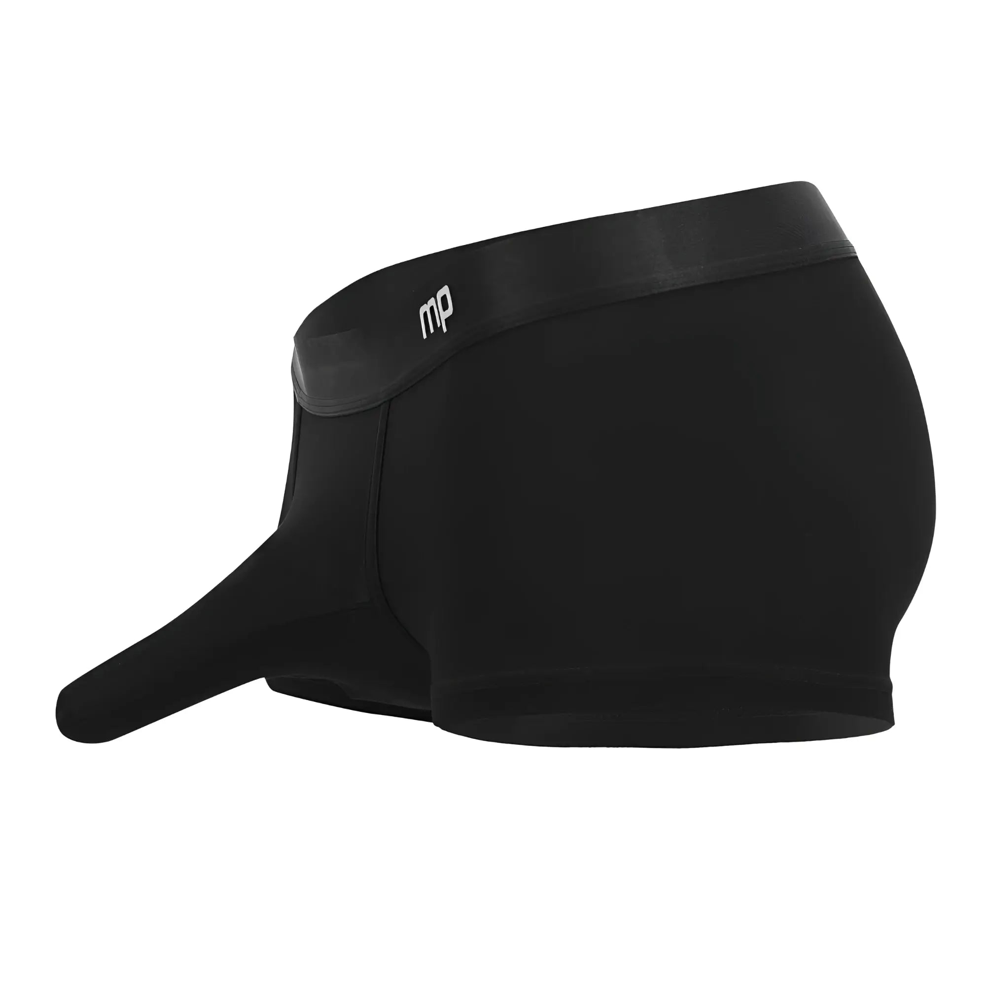 Black mens boxer briefs with elongated pouch and smooth elastic waistband featuring mp logo in black color