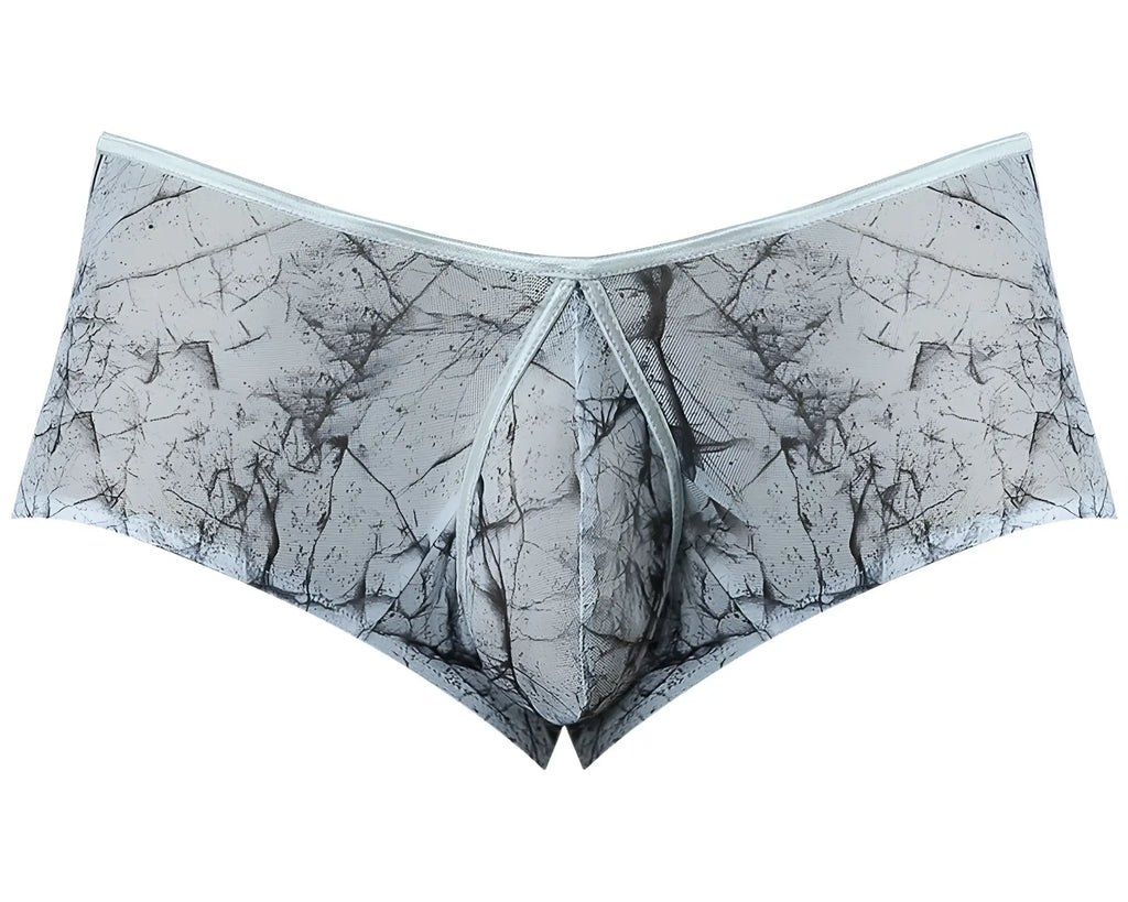Male Power marble mesh micro mini shorts in gray and black cracked stone pattern with light gray elastic waistband
