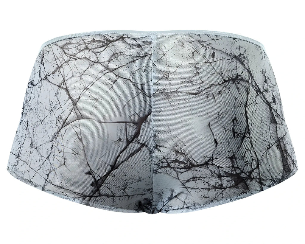 Male power 130-290 marble mesh micro mini short in gray and black sheer marble-patterned fabric with light blue accents