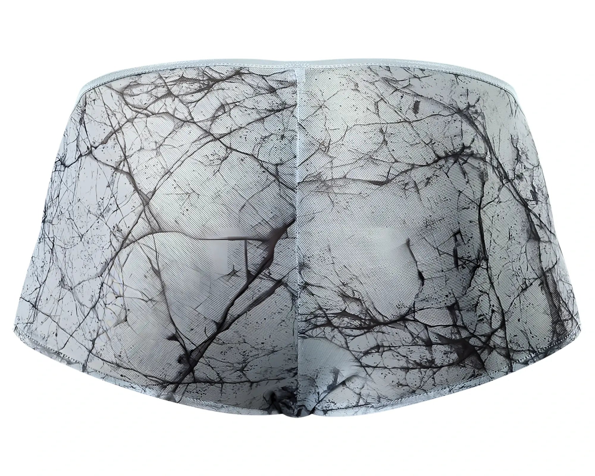 Male power 130-290 marble mesh micro mini short in gray and black sheer marble-patterned fabric with light blue accents