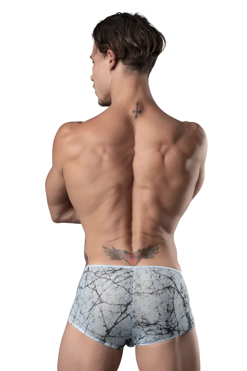 Male power 130-290 marble mesh micro mini short in light blue with gray and black marble-patterned briefs and elegant design