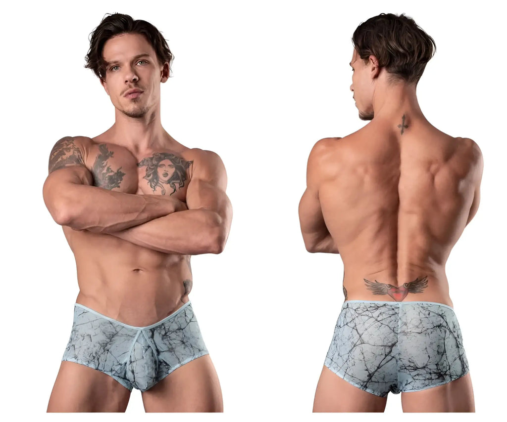 Male power 130-290 marble mesh micro mini short in light blue features snug form-fitting light blue and gray marble-patterned briefs