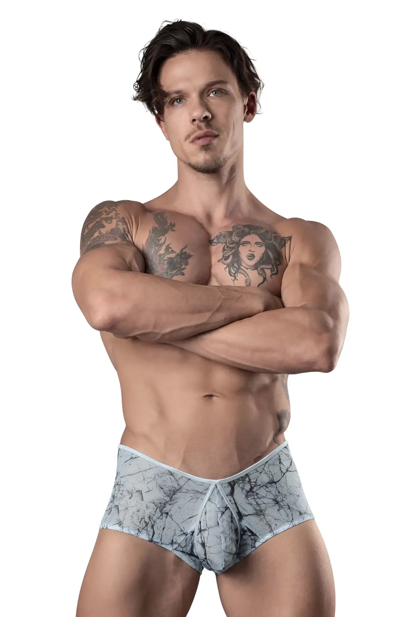 Male power marble mesh micro mini short in gray and white marble pattern with light blue waistband for men