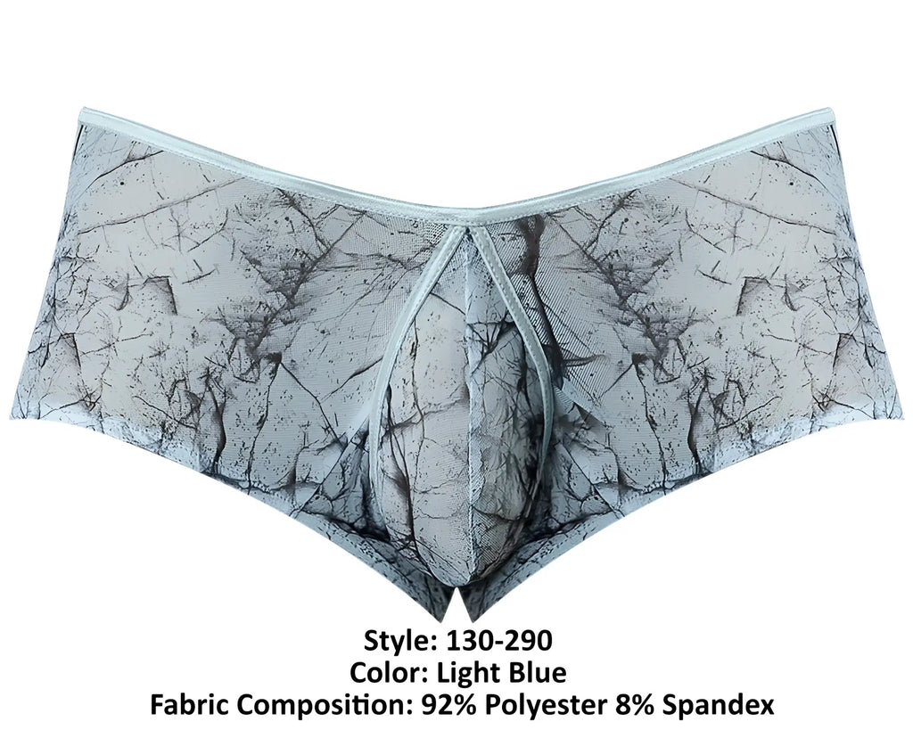 Light blue male power marble mesh micro mini short with gray black cracked stone pattern made of polyester spandex