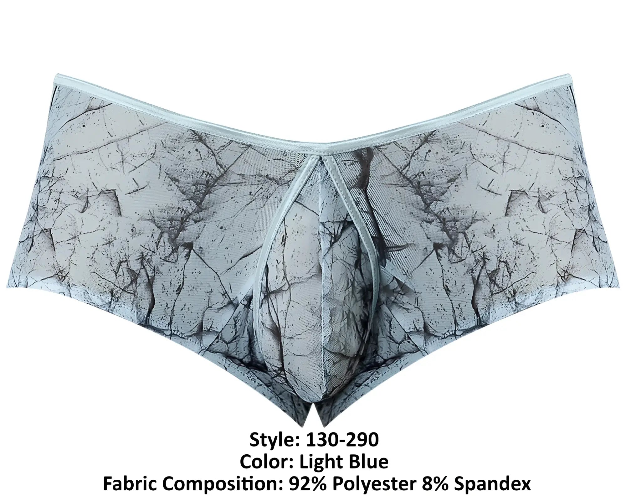 Light blue male power marble mesh micro mini short with gray black cracked stone pattern made of polyester spandex