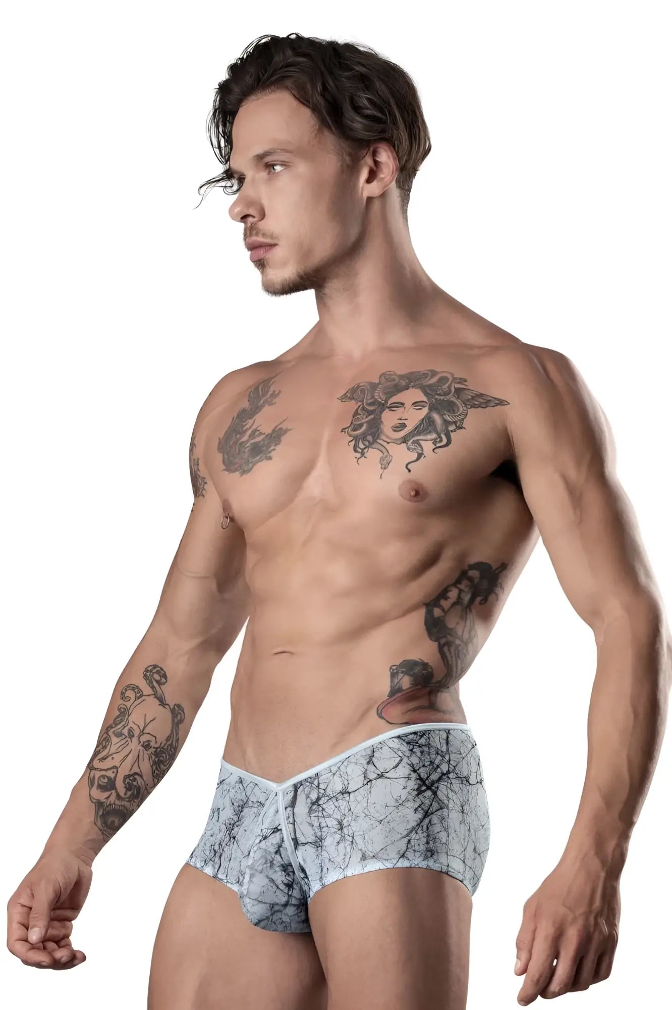 Male power light blue marble mesh micro mini short briefs with white patterned marble-like design