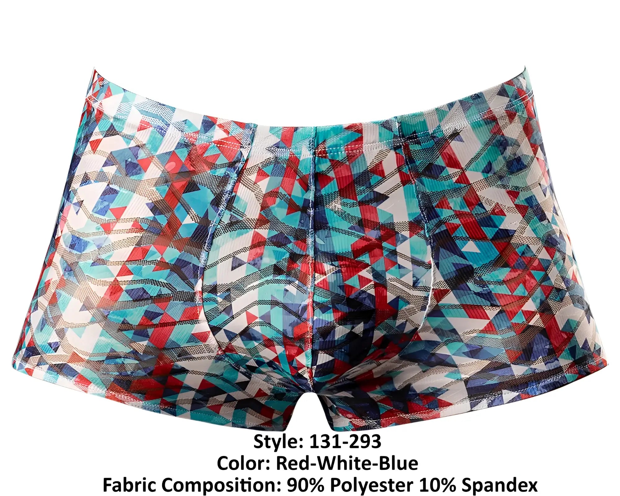 Male power 131-293 men’s boxer briefs with vibrant red white and blue geometric pattern in stretchy polyester-spandex blend