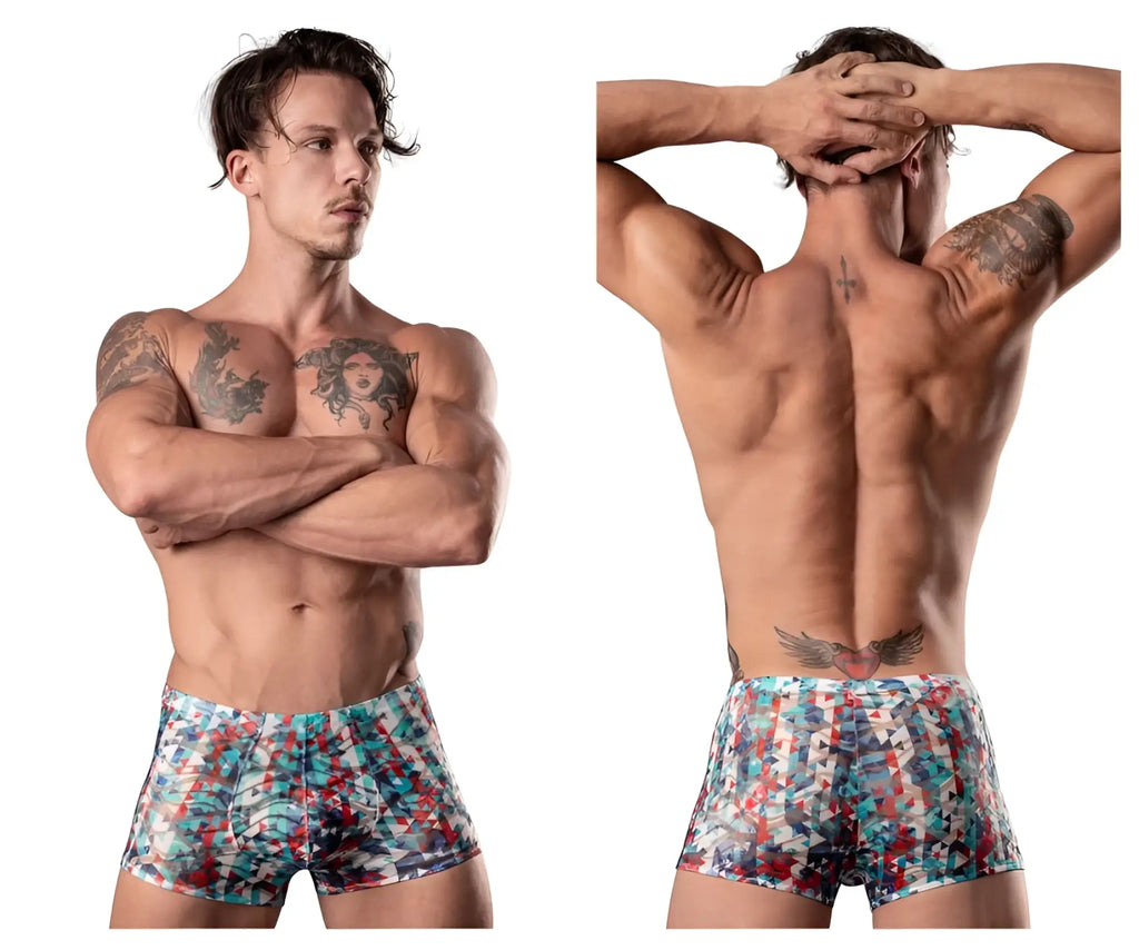 Men’s Male Power 131-293 boxer briefs with vibrant abstract blue red and white geometric pattern and pouch short design