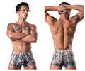 Men’s Male Power 131-293 boxer briefs with vibrant abstract blue red and white geometric pattern and pouch short design