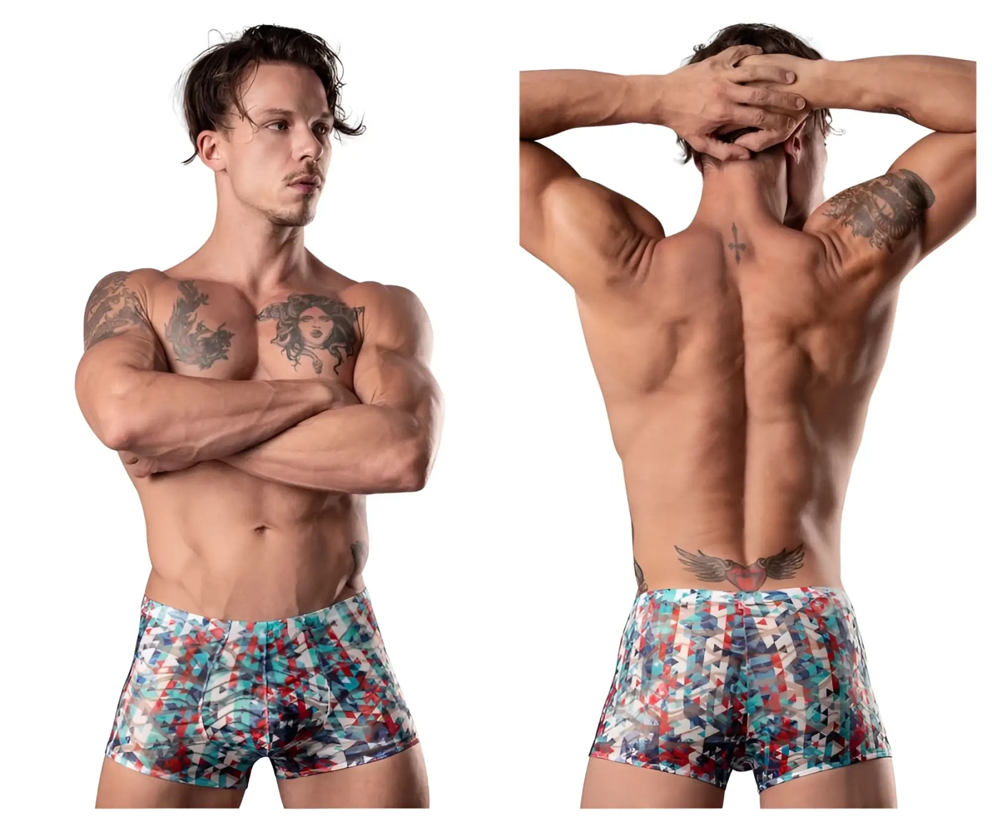 Men’s Male Power 131-293 boxer briefs with vibrant abstract blue red and white geometric pattern and pouch short design