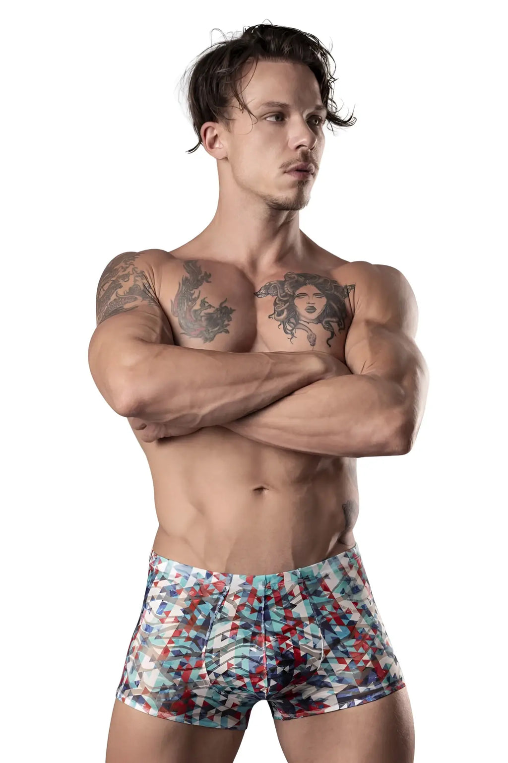 Men’s boxer briefs male power 131-293 your lace or mine pouch short with vibrant blue red and white geometric pattern